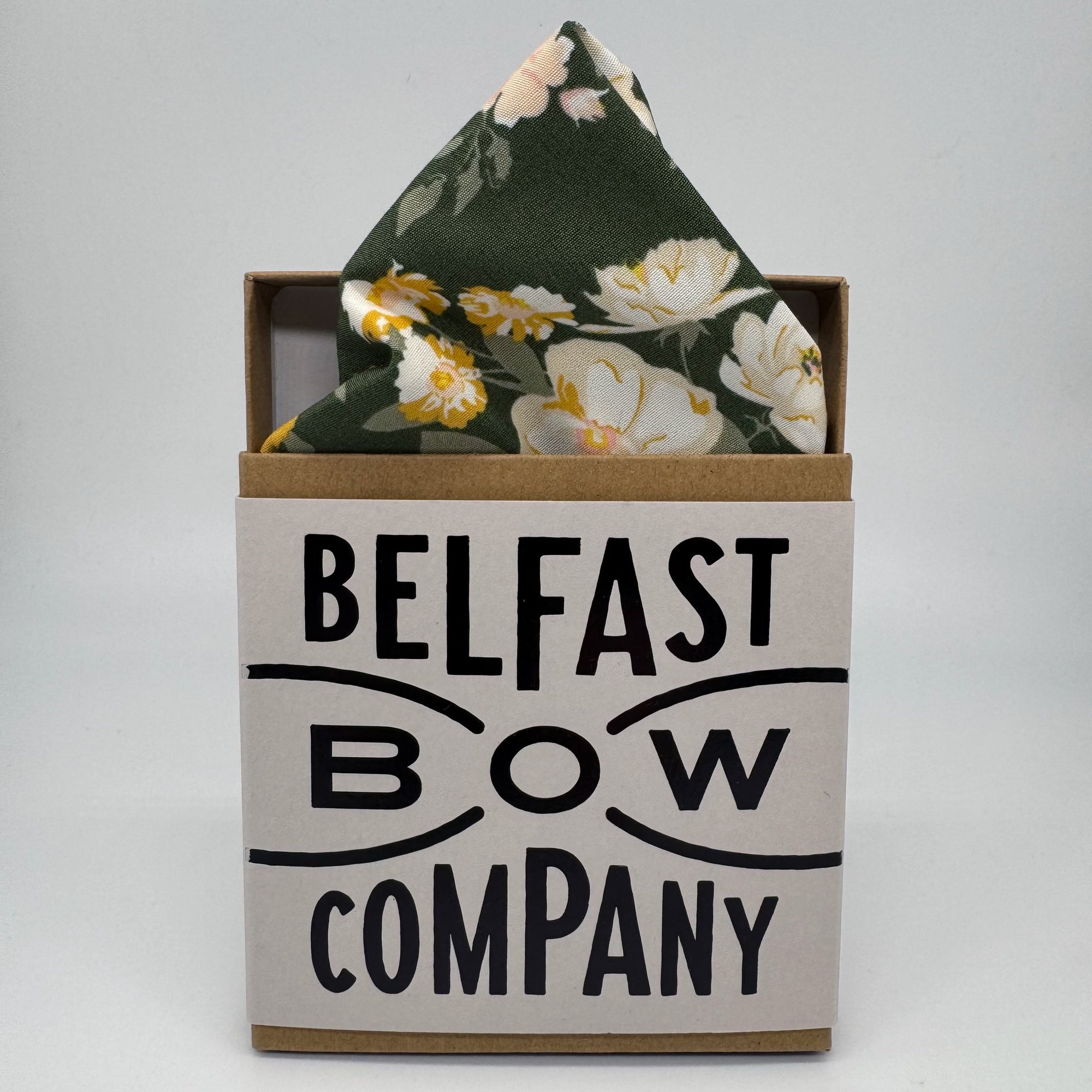 Dark Olive Green Floral Pocket Square handmade by the Belfast Bow Company